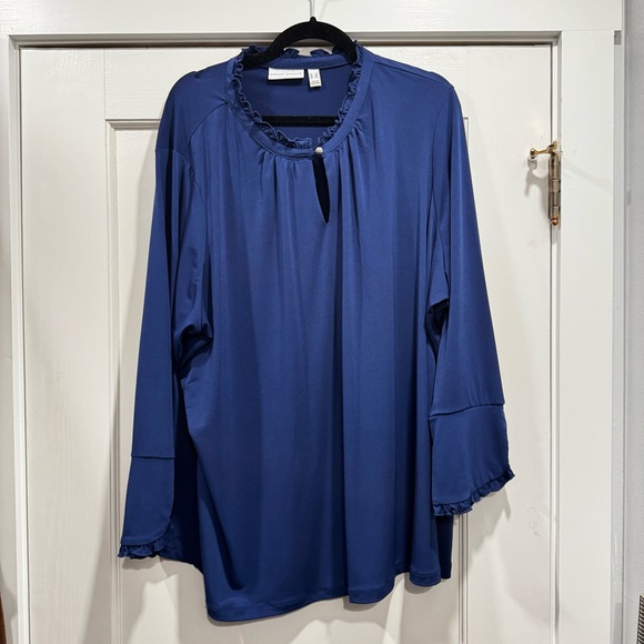 Susan Graver Liquid Knit Plus Size 3X Blue Blouse Top Ruffle Trim Long Sleeve - Picture 1 of 11